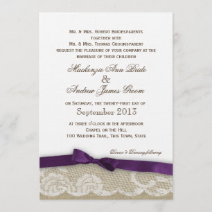 Romantic Lace and Dark Purple Bow Wedding Invitation