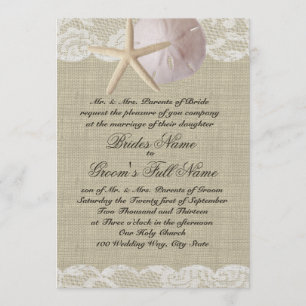 Romantic Lace and Sea Shell Beach Wedding Invitation