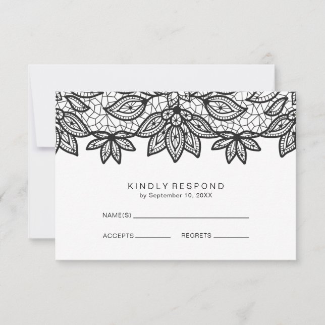 Romantic Lace Black and White Wedding RSVP (Front)
