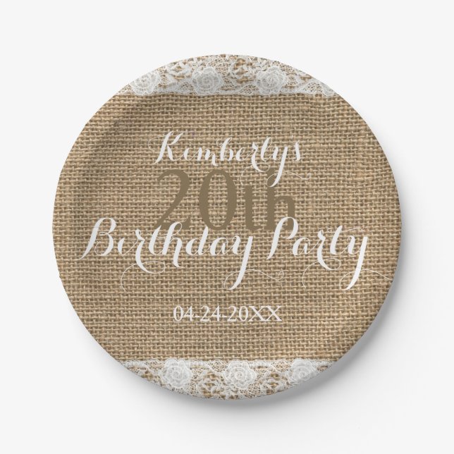 Romantic Lace burlap 20th Birthday Paper Plates (Front)