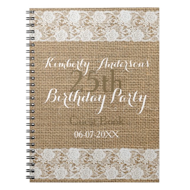 Romantic Lace burlap 25th Birthday Guest Book (Front)