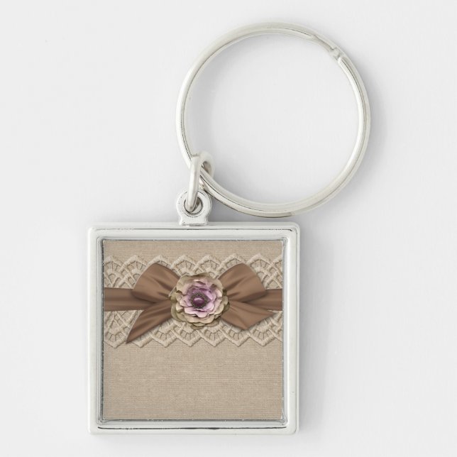 Romantic Lace Floral Burlap Ribbon Keychain (Front)