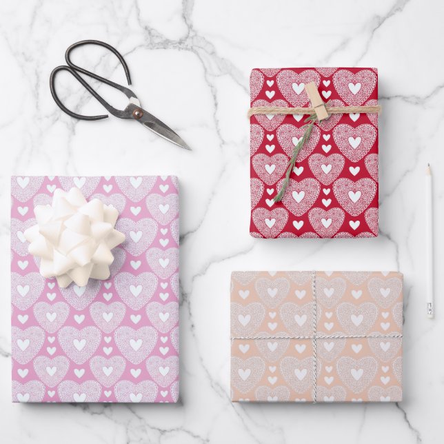 Romantic Lace Hearts Valentine's Day Wrapping Paper Sheet (Front)