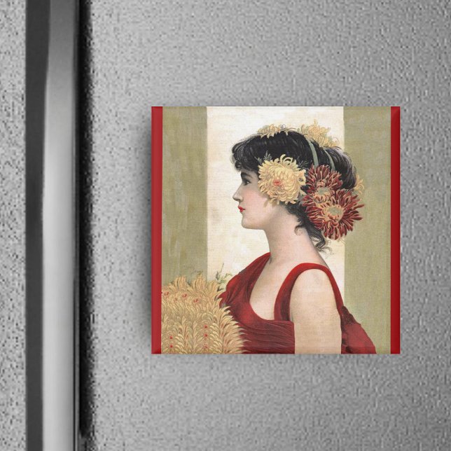 Romantic Lady in Red Magnet (Pretty vintage lady red dress with flowers on hair on white, red and tan square magnet.)