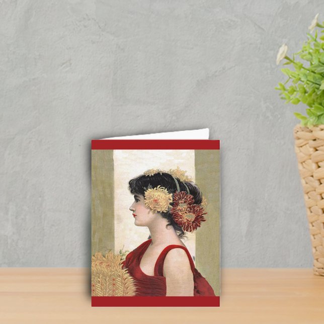 Romantic Lady in Red Note Card (Vintage lady flowers in hair in red dress on gold and white note card.)