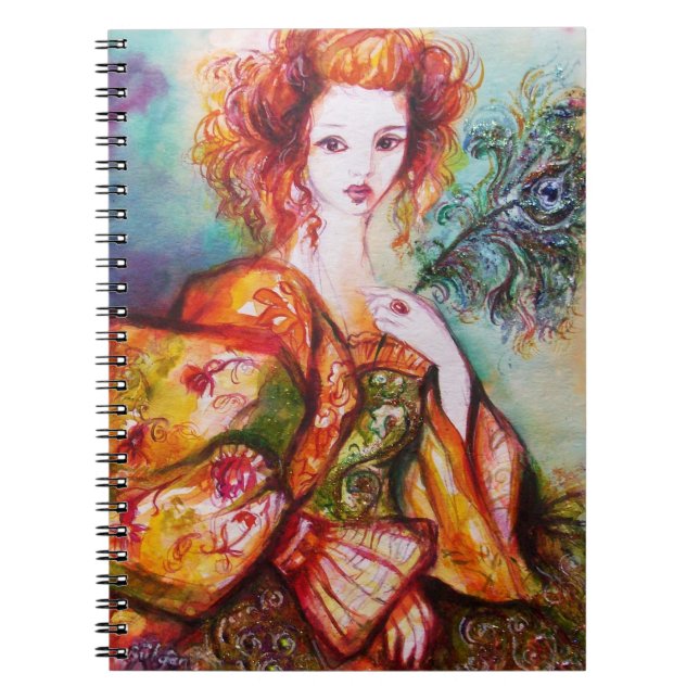 ROMANTIC LADY WITH PEACOCK FEATHER SPIRAL NOTEBOOK (Front)