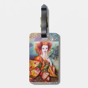 ROMANTIC LADY WITH SPARKLING PEACOCK FEATHER LUGGAGE TAG