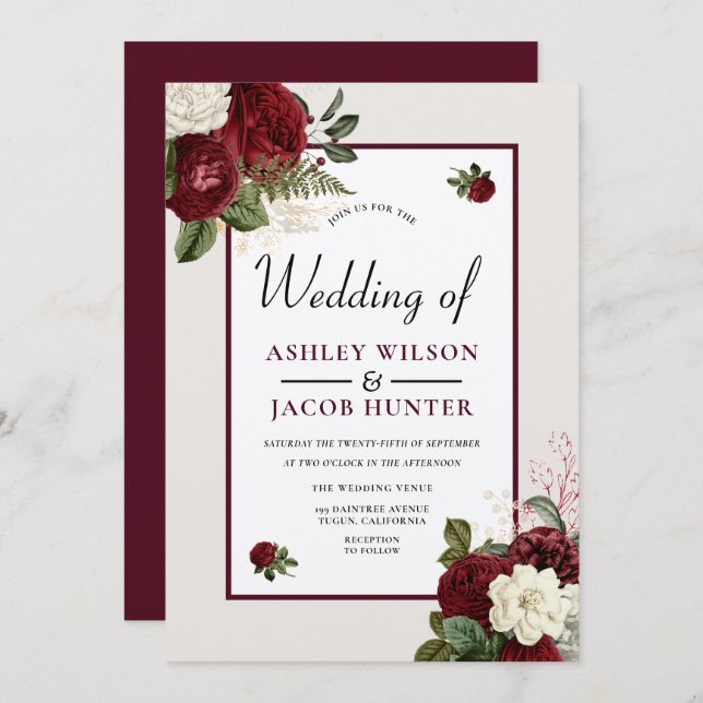 Romantic Laid Burgundy Floral Wedding Invite (Front/Back)