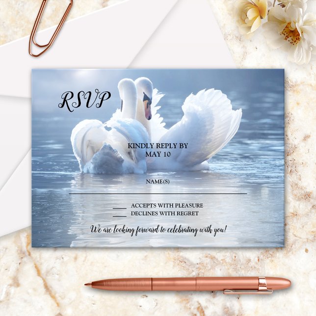 Romantic Lake Swan Love Wedding RSVP Card (Romantic wedding RSVP card featuring two swans in love on a sunlit lake)