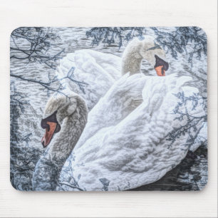 romantic lake swimming white swan mouse pad