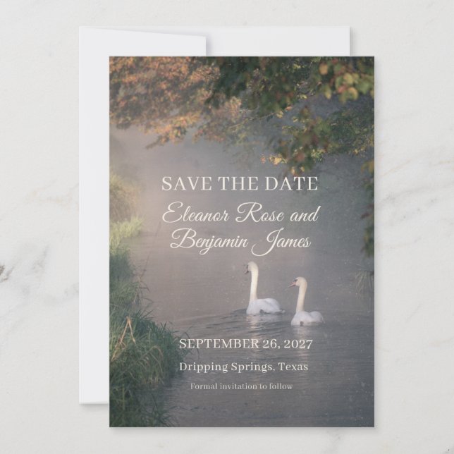 Romantic Lakeside Swan Wedding Save the Date  Invitation (Front)
