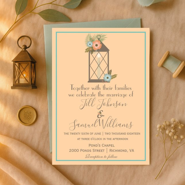 Romantic Lantern Soft Peach & Aqua Floral Wedding Invitation (Creator Uploaded)