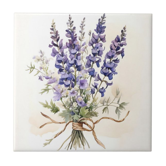 Romantic Larkspur Bouquet Watercolor Tile (Front)