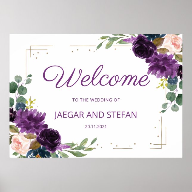 Romantic Lavender Blue Floral Wedding Welcome Sign (Front)