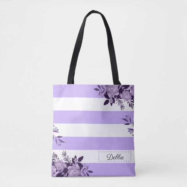 Romantic Lavender Flowers And Stripes Tote Bag (Front)