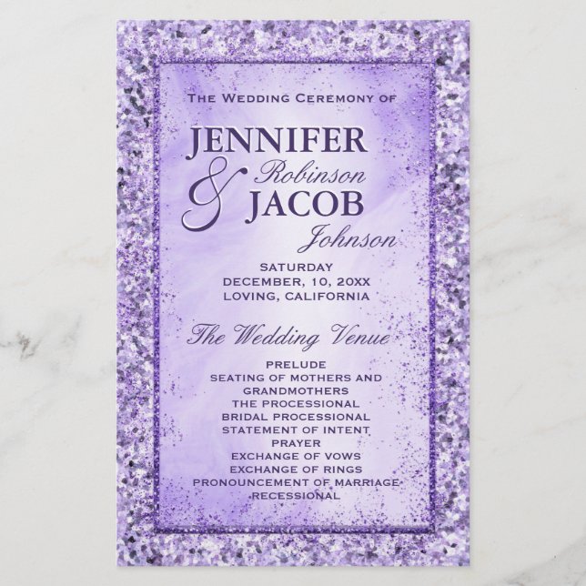 Romantic Lavender Glitter Wedding Program (Front)