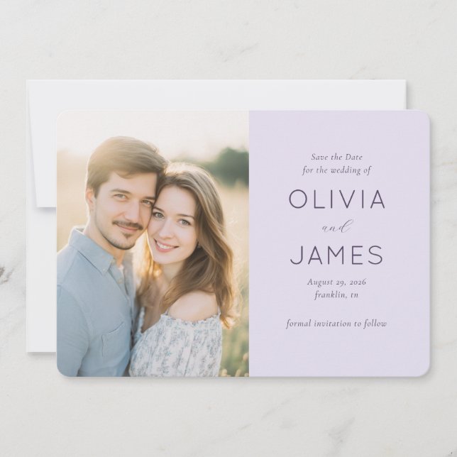 Romantic Lavender Minimalist Photo Save The Date (Front)