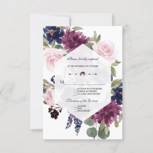 Romantic Lavender Navy Blue Floral Bloom Wedding RSVP Card