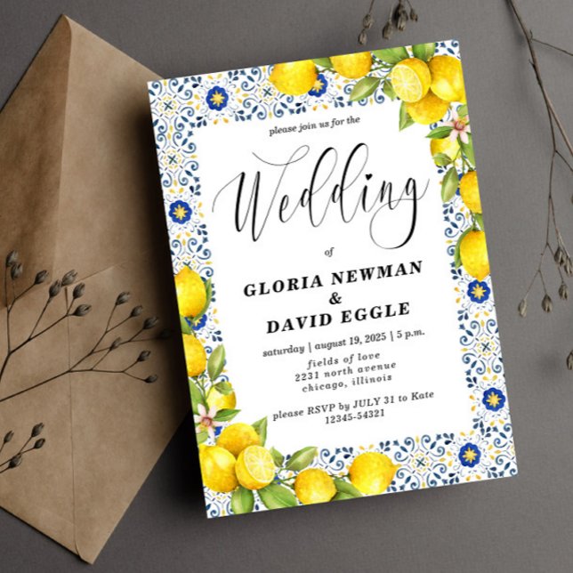 Romantic Lemons and blue Tiles Wedding Invitation (Creator Uploaded)