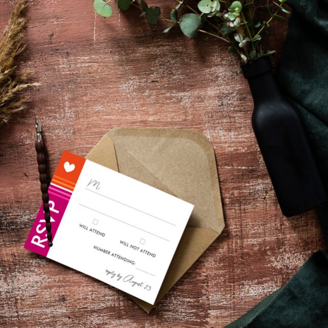 Romantic Lesbian Flag Stripes Wedding RSVP Card (Creator Uploaded)