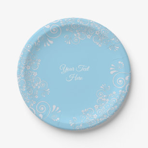 Romantic Light Blue and White Flourishes Custom  Paper Plate