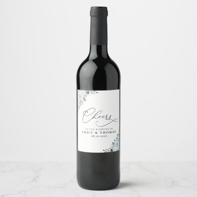 Romantic Light Blue Floral Wedding Wine Bottle  Label (Front)