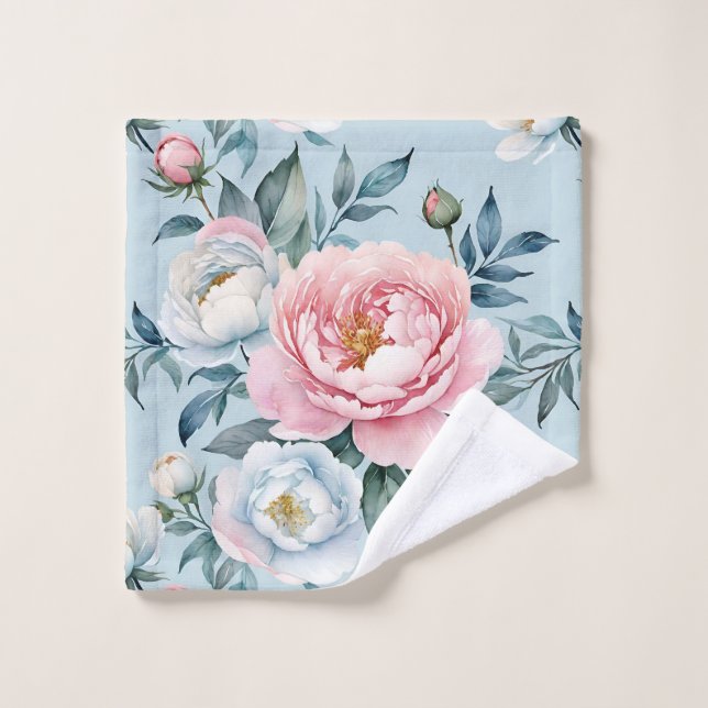 Romantic Light Blue Pink Peony Floral  Wash Cloth (Wash Cloth)