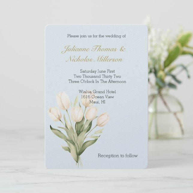 Romantic Light Blue Tulips Floral Wedding Invitation (Standing Front)