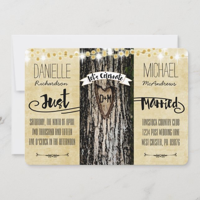 Romantic Lights & Rustic Tree Post Wedding Invite (Front)