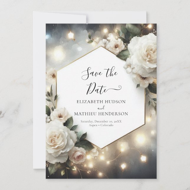 Romantic Lights White Roses Wedding Save The Date (Front)