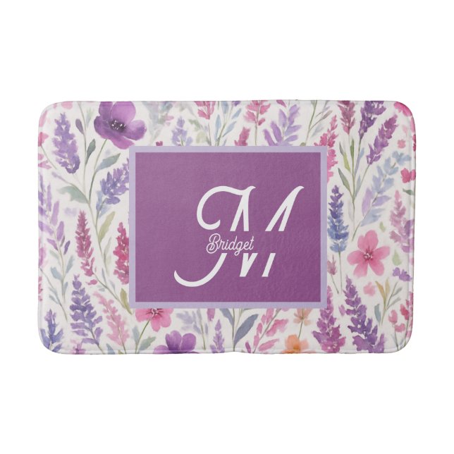 Romantic lila pink Pastel Botanical Spring Meadow Bath Mat (Front)