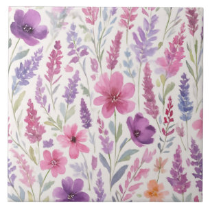 Romantic lila pink Pastel Botanical Spring Meadow Tile