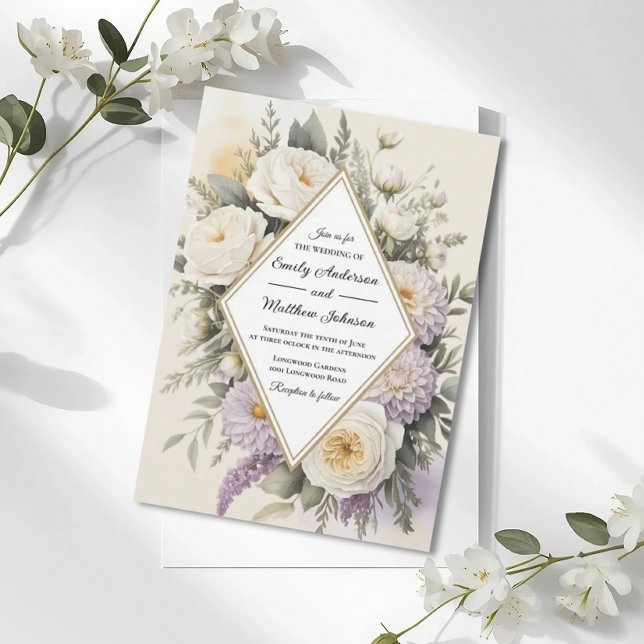 Romantic Lilac Floral Geometric Wedding Invitation (Creator Uploaded)