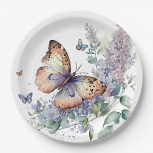 Romantic lilac flowers and butterfly paper plate