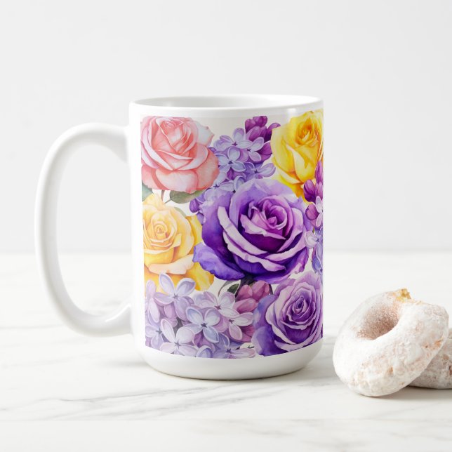 Romantic Lilac Flowers & Roses Coffee Mug (With Donut)