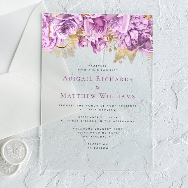 Romantic Lilac Gold Floral Wedding Acrylic Invitations (Creator Uploaded)