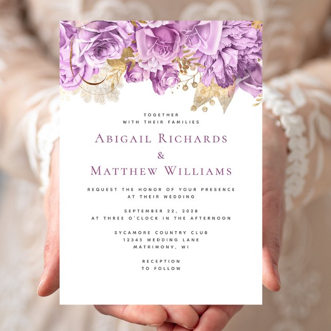 Romantic Lilac Gold Floral Wedding Invitation (Creator Uploaded)