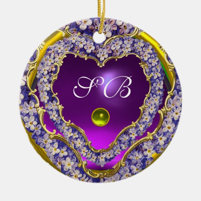 ROMANTIC LILAC HEART PHOTO TEMPLATE MONOGRAM CERAMIC TREE DECORATION (Front)