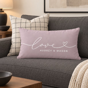 Romantic Lilac Love Heart Script Couple Names Lumbar Cushion