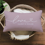 Romantic Lilac Love Heart Script Couple Names Lumbar Cushion<br><div class="desc">A romantic lilac lumbar pillow featuring Love in flowing white heart script with customisable couple names. The white-on-lilac design brings a gentle,  whimsical accent perfect for wedding gifts,  anniversaries,  or bedroom styling. All text is fully editable to personalise with any couple's names.</div>