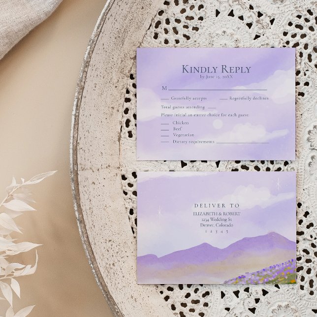 Romantic LIlac Night Landscape Wedding RSVP Card (Romantic LIlac Night Landscape Wedding RSVP Card on a neutral boho wedding table.)
