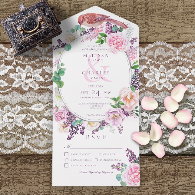 Romantic Lilac & Pink Floral Oval Frame Dinner All In One Invitation (Creator Uploaded)