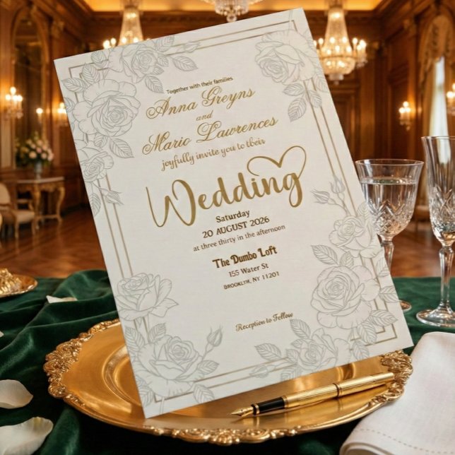 Romantic Line Art Rose Faux Gold Foil Wedding  Invitation (Creator Uploaded)