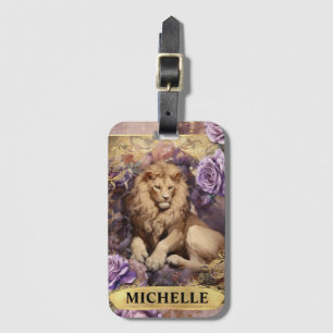 Romantic Lion and Purple Roses Fantasy Luggage Tag