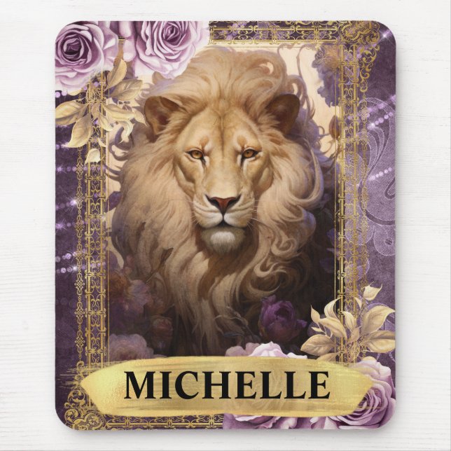 Romantic Lion and Purple Roses Fantasy Mouse Pad (Front)