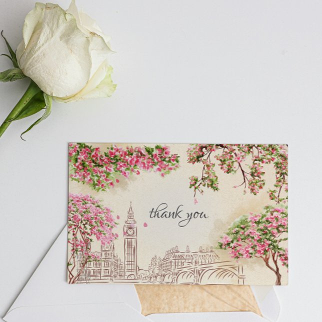 Romantic London Skyline Flower Wedding Thank You Card (Creator Uploaded)