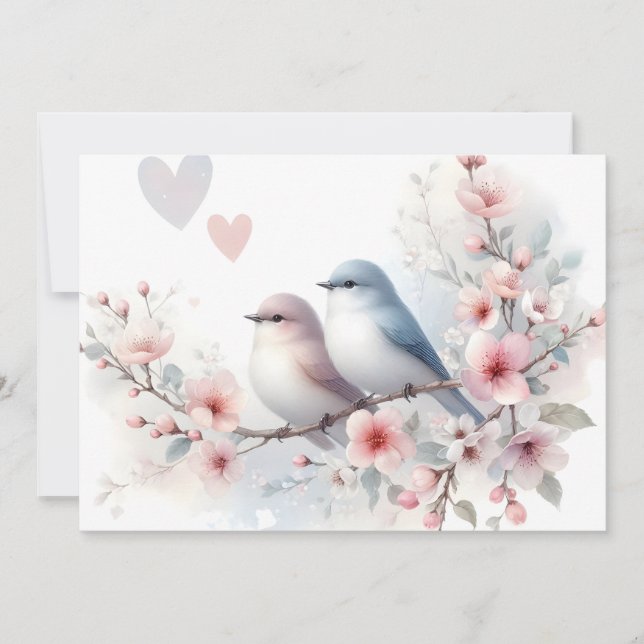 Romantic Love Birds Cherry Blossom Branch Announcement (Front)