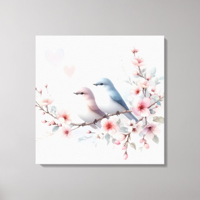 Romantic Love Birds Cherry Blossom Branch Canvas Print (Front)