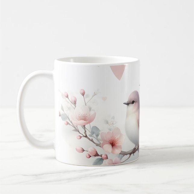 Romantic Love Birds Cherry Blossom Branch Coffee Mug (Left)