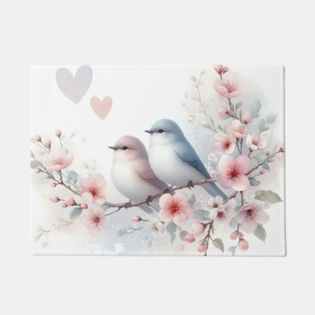 Romantic Love Birds Cherry Blossom Branch Doormat (Front)
